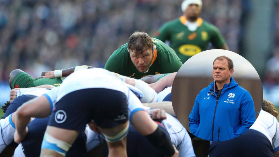 Springboks forward Duane Vermeulen during a scrum against Scoland plus Scotland coach Pieter de Villiers Credit: Alamy