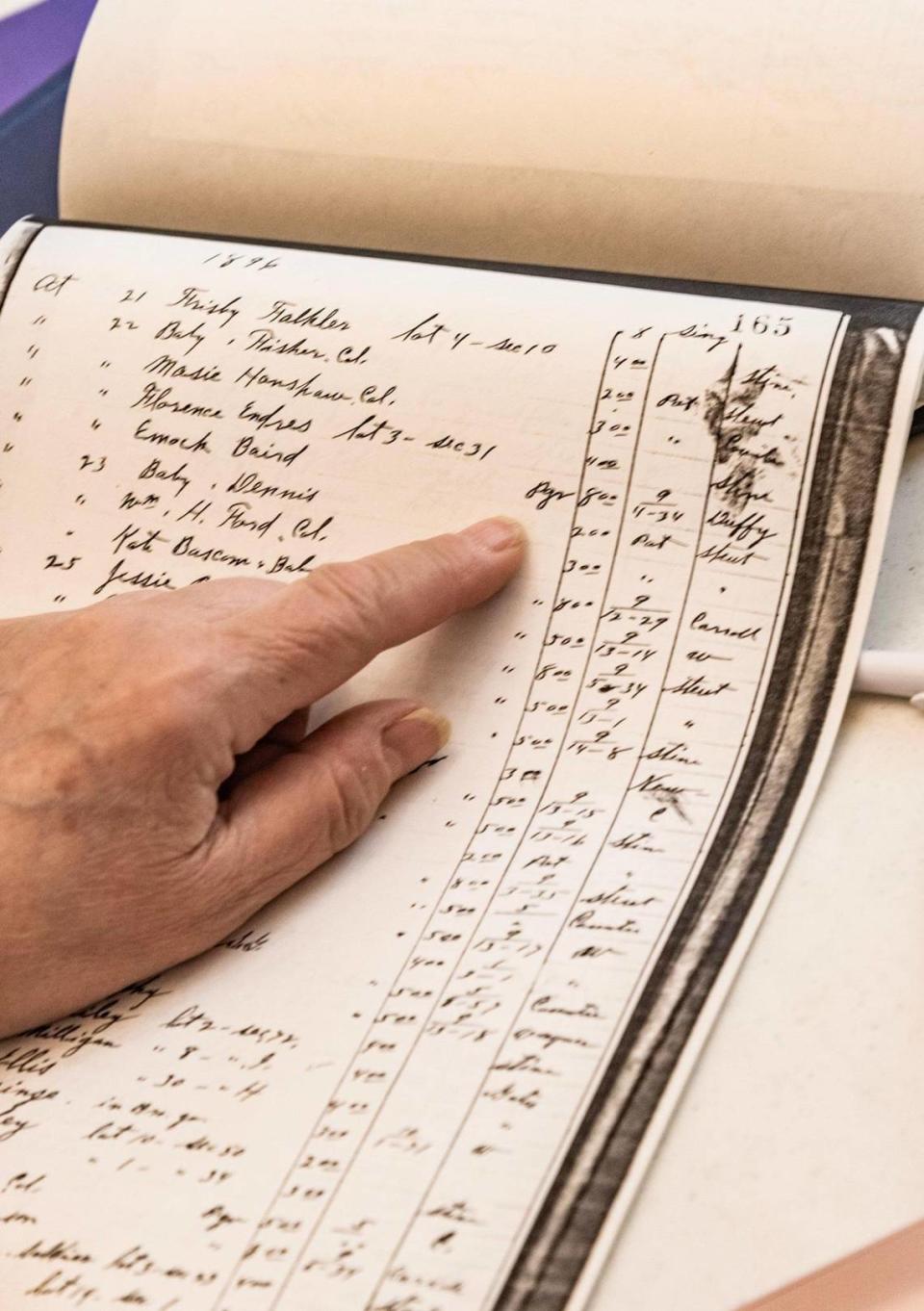Volunteers have spent five years so far digitizing the burial records of some of the 55,000 people buried at Union Cemetery, taken from documents, such as this handwritten sexton’s record of people buried in 1896.