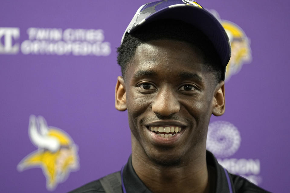 Minnesota Vikings first-round draft pick Jordan Addison speaks to the media during an NFL football press conference in Eagan, Minn., Friday, April 28, 2023. (AP Photo/Abbie Parr)