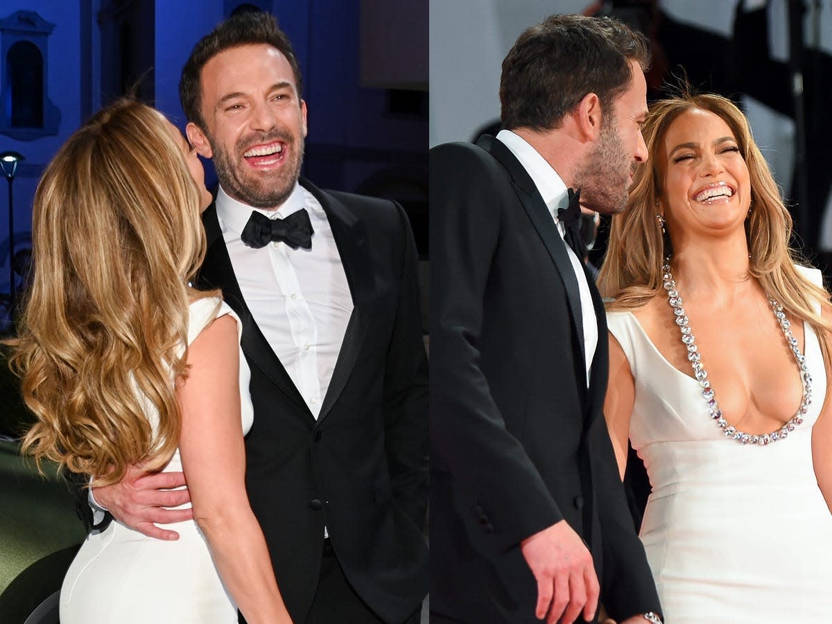 A side by side composite showing Ben Affleck and Jennifer Lopez each smiling widely as they pose together.