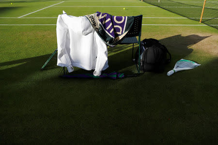 The gear of France's Lucas Pouille is seen on Court 12 during his match against Argentina's Juan Martin Del Potro at the Wimbledon Tennis Championships in London, Britain July 2, 2016. REUTERS/Stefan Wermuth