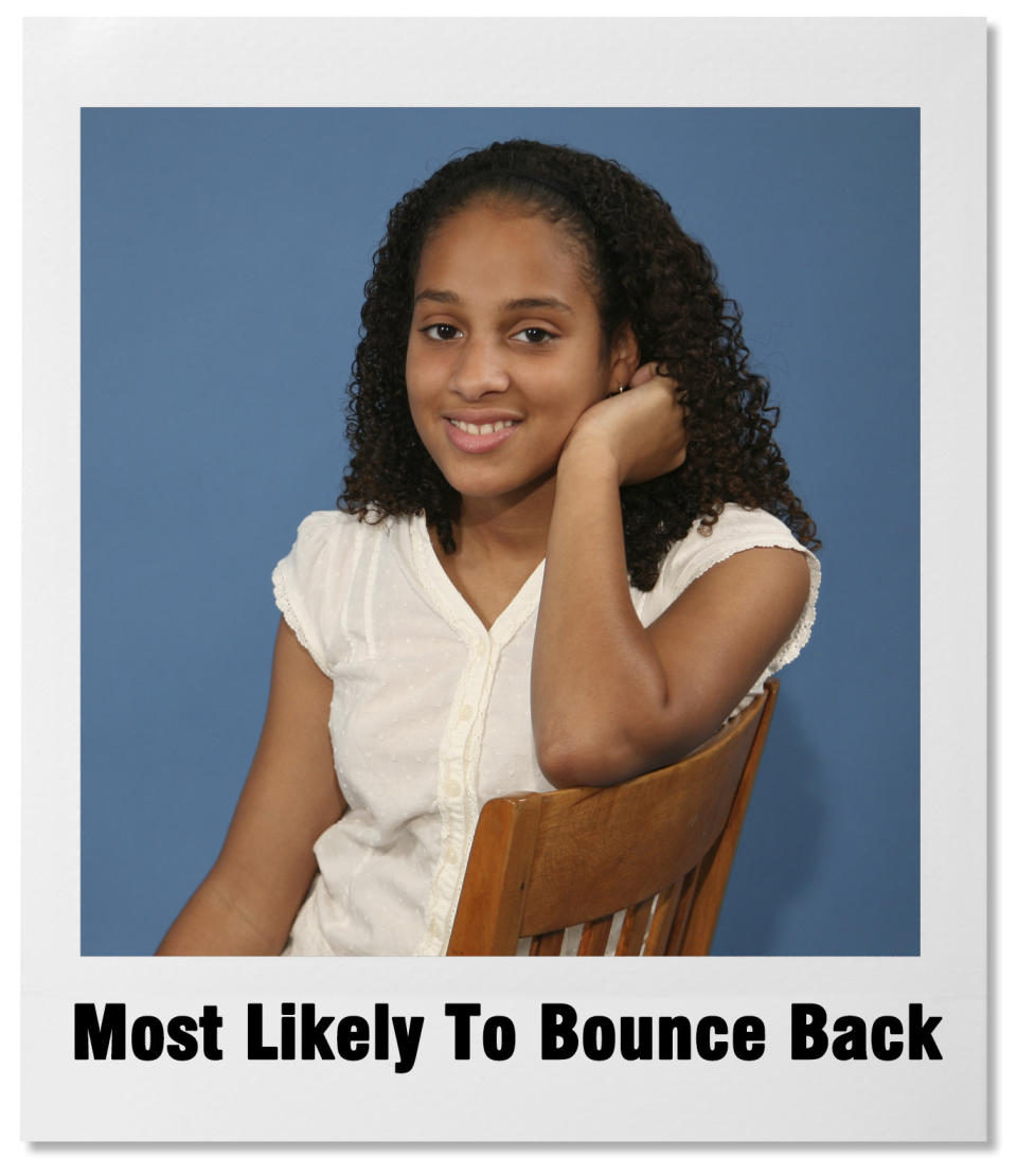 yearbook photo with text 'most likely to bounce back'