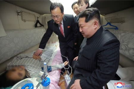 North Korean leader Kim Jong Un visits the Pyongyang Railway Station to see off a special purpose train carrying the bodies of Chinese victims who were killed or wounded in a traffic accident, in this undated photo released on April 26, 2018 by North Korea's Korean Central News Agency (KCNA). KCNA/via Reuters