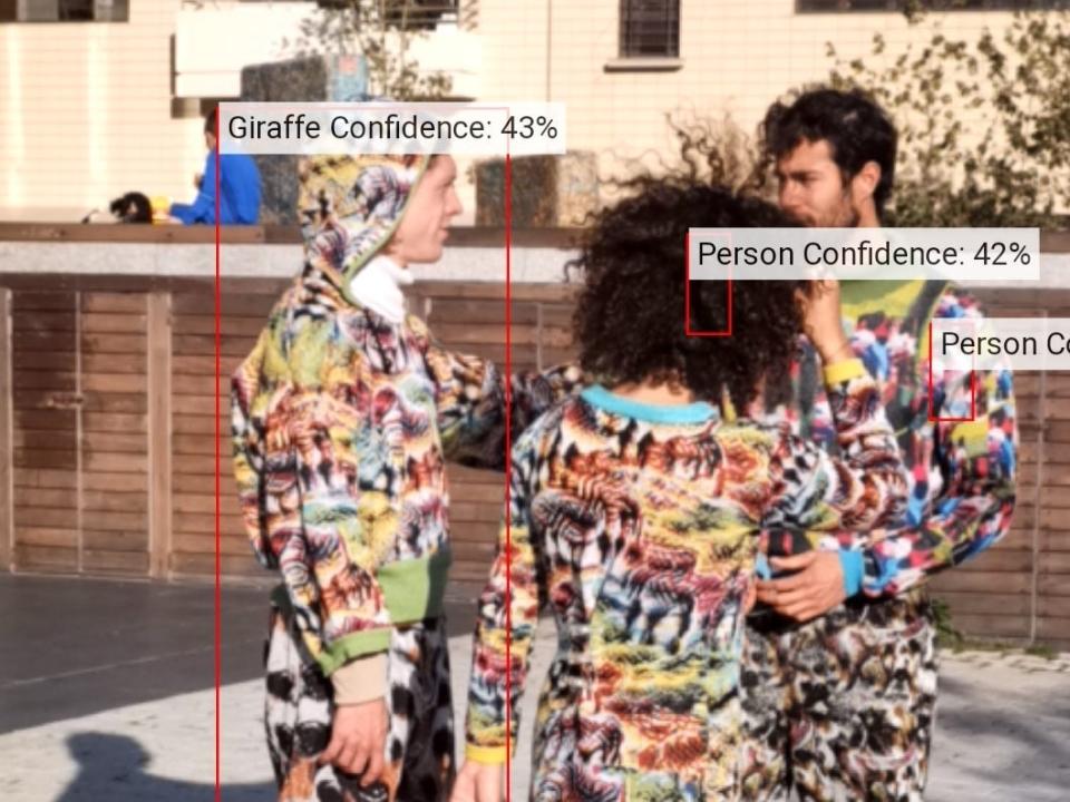 Facial recognition software analysis of people dressed in Cap_able's vibrant outfits shows one person identified as a giraffe with 43% confidence