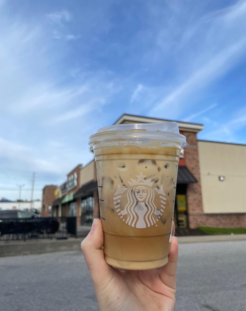 I decided on a 16-ounce golden foam iced shaken espresso with toffeenut, decaf espresso and with only one pump of syrup. Say that five times.