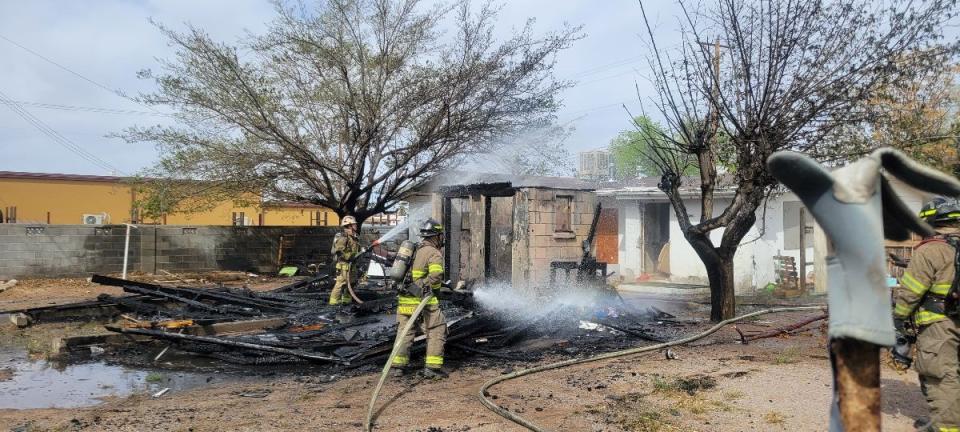 A mid-morning fire on Monday, April 8, 2024, destroyed a backyard shed on east Madrid Avenue.