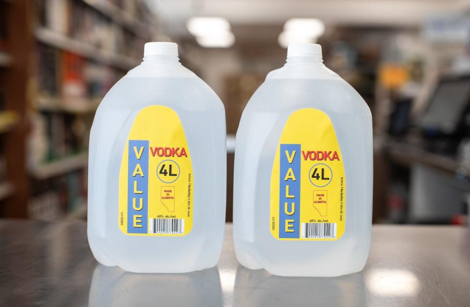 Four-litre jugs of vodka are shown at Super Value Liquor in Edmonton on Tuesday.  (Jason Franson/The Canadian Press - image credit)