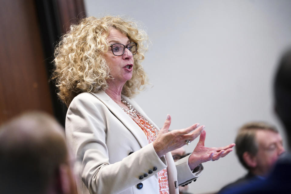 Defense attorney Laura Hogue speaks during the trial for the killing of Ahmaud Arbery at the Glynn County Courthouse on Thursday, Nov. 18, 2021, in Brunswick, Ga. (Sean Rayford/Pool Photo via AP)