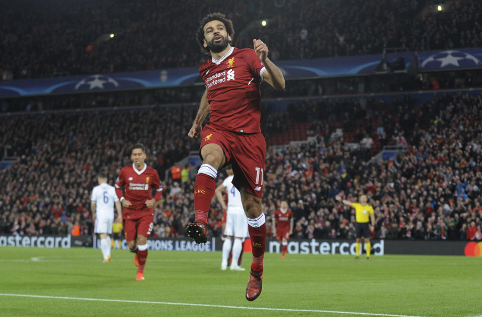 Liverpool’s Mohamed Salah celebrates after scoring his side’s opening goal during the Champions League Group E soccer match between Liverpool and Maribor at Anfield, Liverpool, England, Wednesday Nov. 1, 2017. (AP Photo/Rui Vieira)