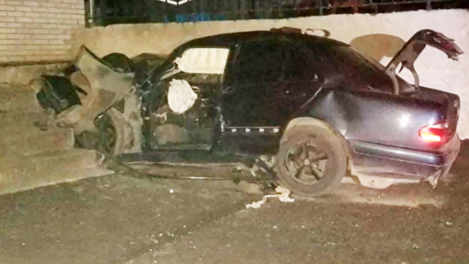 Vasile Belous' car, pictured here after it slammed into the wall of a monastery.