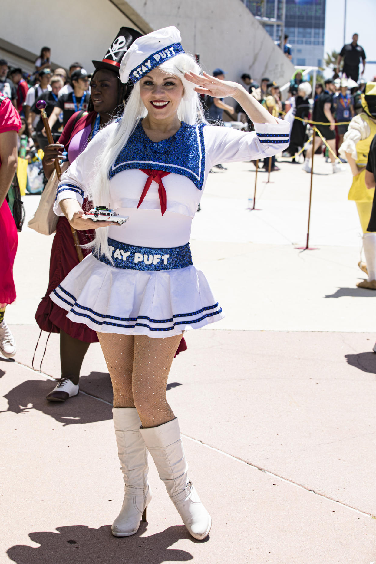 A Ghostbusters cosplayer poses as Stay Puft.