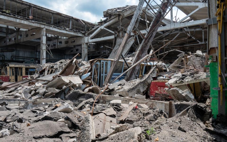 Kharkiv has faced constant shelling. This tram depot, pictured on Sunday, was damaged in attacks - Anadolu Agency via Getty Images