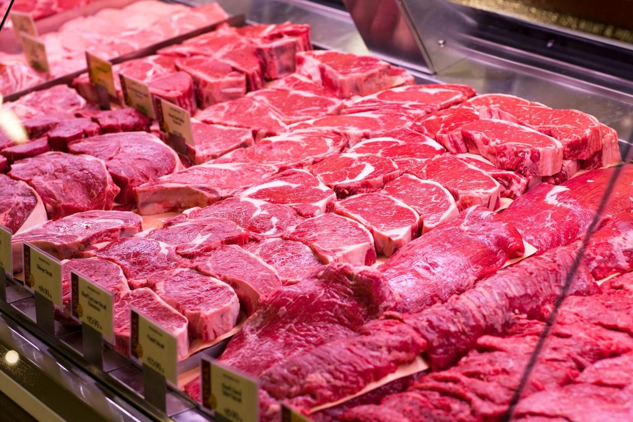Fresh beef displayed at a Whole Foods Market