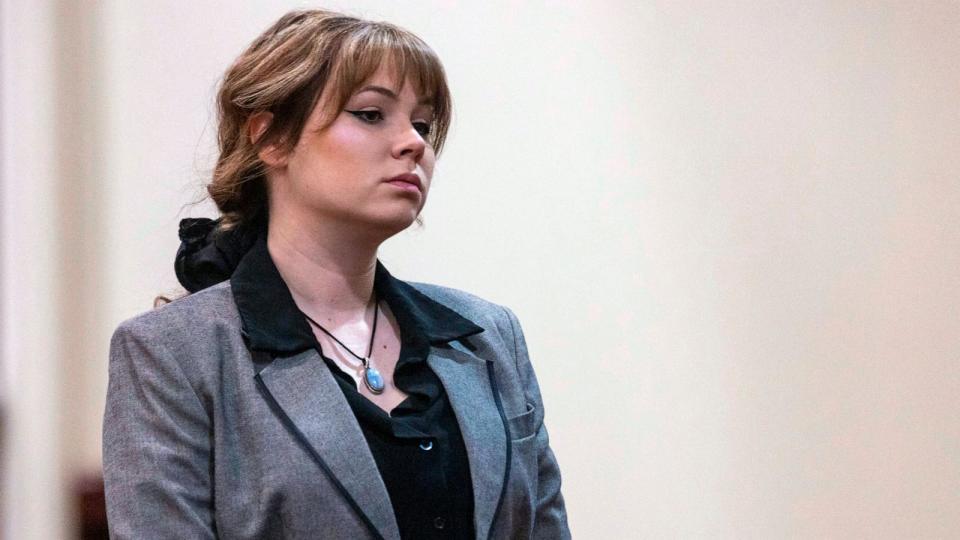 PHOTO: Defendant Hannah Gutierrez-Reed, former armorer on the set of the movie 'Rust', walks back to her seat after speaking with District Judge Mary Marlowe Sommer before her trial at District Court, Feb. 26, 2024, in Santa Fe, N.M.  (Luis Sanchez Saturno/AP)