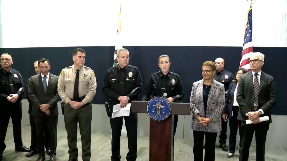 Los Angeles authorities gathered at a news conference Saturday to announce the arrest of a suspect in the killings of three homeless community members. - KCBS