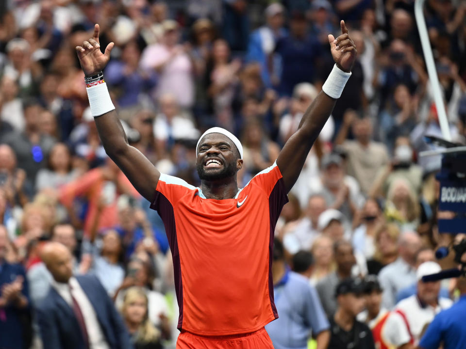 Seen here, Frances Tiafoe celebrating his quarter-final win against Andrey Rublev at the US Open. 