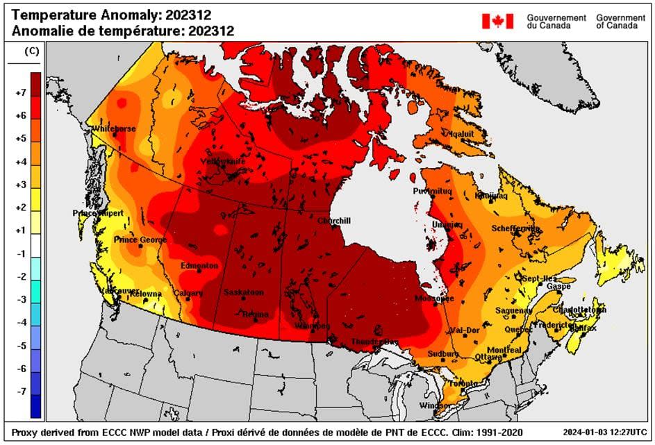 The dark red shading surrounding Great Slave Lake, N.W.T., indicates a daily mean temperature for December that was 7 C above average. Climate scientists say this is due to climate change and the El Nino weather pattern affecting the North.