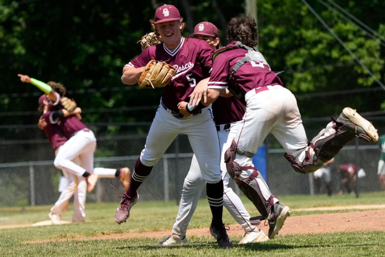 The Don Bosco Ironmen celebrate their 9-3 victory over Bergen Catholic, to win the Bergen County Baseball Tournament. Sunday, May 28, 2023