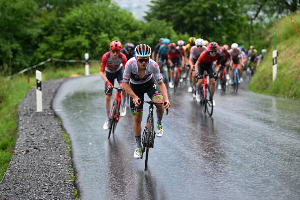 VILLARSSUROLLON SWITZERLAND  JUNE 13 Remco Evenepoel of Belgium and Team Soudal QuickStep attacks during the 86th Tour de Suisse 2023 Stage 3 a 1438km stage from Tafers to VillarssurOllon 1256m  UCIWT  on June 13 2023 in VillarssurOllon Switzerland Photo by Dario BelingheriGetty Images