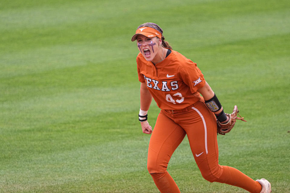 Texas shortstop Leighann Goode reacts to a strikeout to end an inning during Sunday's Austin Regional win over Texas A&M. It sent the Longhorns to the super regionals. Texas players decorated their faces with glitter for Sunday's game.