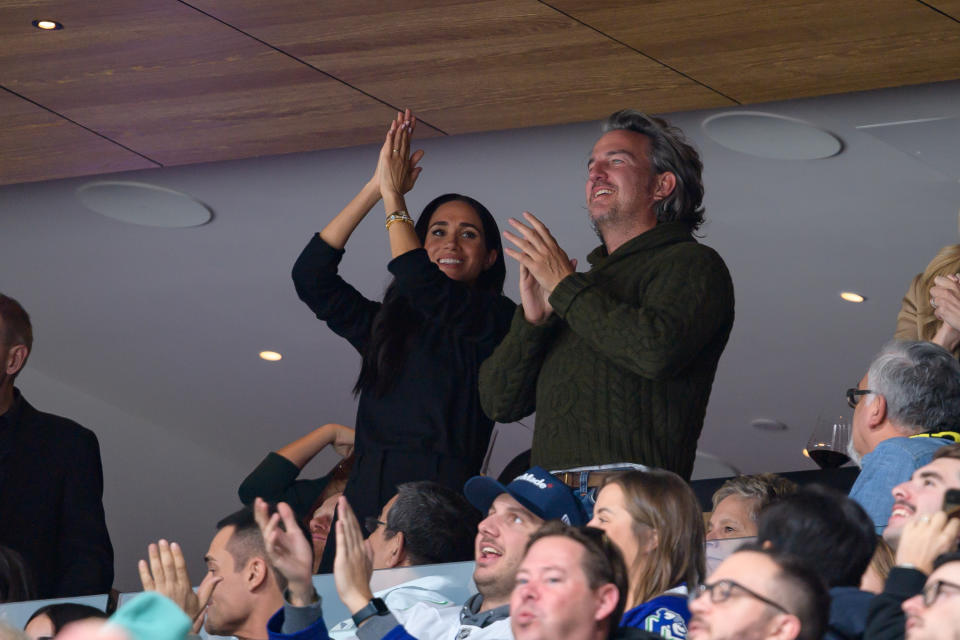 VANCOUVER, CANADA - NOVEMBER 20: Meghan Markle, The Duchess of Sussex, reacts during the NHL game between the Vancouver Canucks and San Jose Sharks at Rogers Arena on November 20, 2023 in Vancouver, British Columbia, Canada. (Photo by Derek Cain/Getty Images)