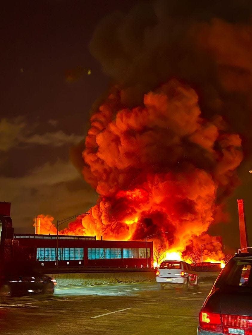 An 11-alarm chemical fire blazes in Passaic, N.J., on Friday.