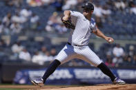 New York Yankees pitcher Carlos Rodón throws during the first inning of the baseball game against the Oakland Athletics at Yankee Stadium Monday, April 22, 2024, in New York. (AP Photo/Seth Wenig)