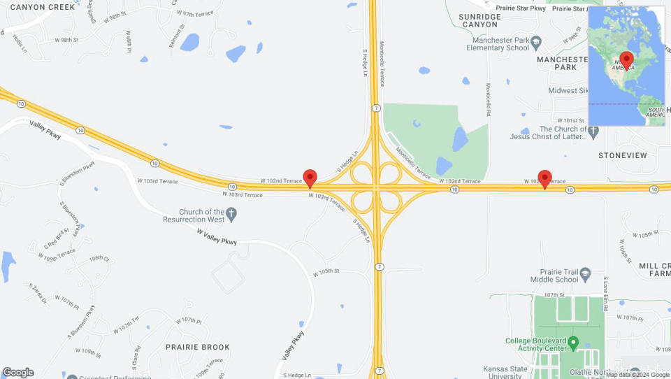 A detailed map that shows the affected road due to 'Warning in Lenexa: Crash reported on eastbound K-10' on April 19th at 5:27 p.m.