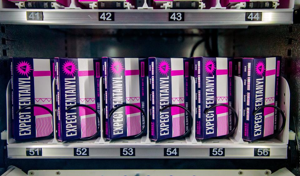 Fentanyl test kits are displayed in a vending machine in Oklahoma City.