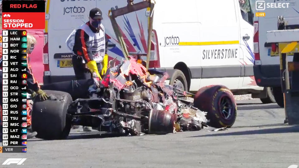 Max Verstappen,s car, pictured here after the terrifying high-speed crash.