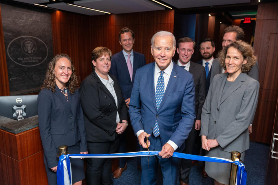 President Joe Biden attends a ribbon cutting for the renovated White House Situation Room on Tuesday. (Adam Schultz / White House)