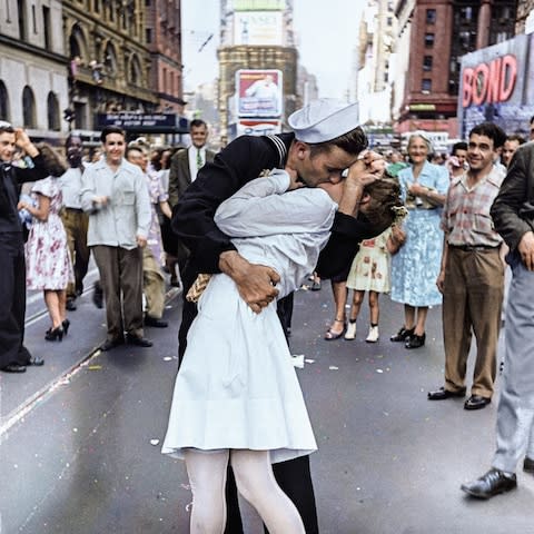 A colourised version of the Times Square V-J Day Kiss photograph - Credit:  Alfred Eisenstaedt/Life