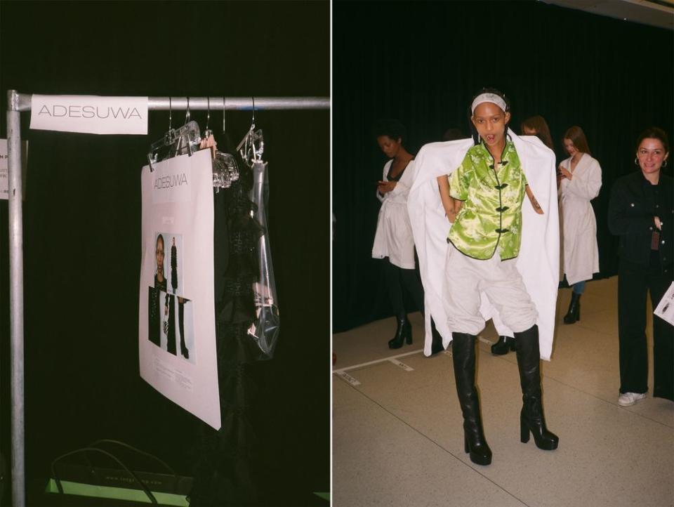 Left: Aighewi’s look for the Longchamp show hangs backstage; Right: Aighewi, wearing the knee-high boots that she will wear during the show, waits for the second rehearsal
