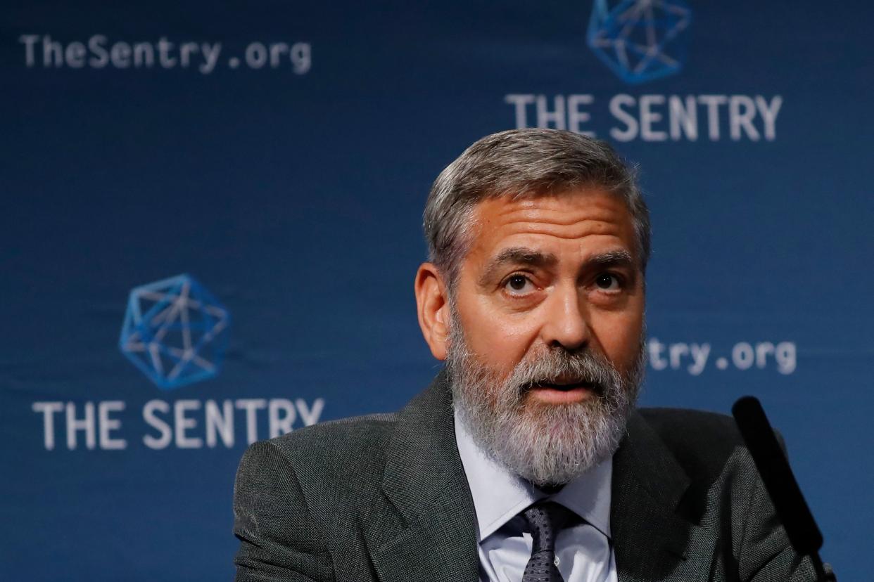 US actor George Clooney takes part in a press conference in central London to present a  report on atrocities in South Sudan on September 19, 2019. (Photo by Tolga AKMEN / AFP)        (Photo credit should read TOLGA AKMEN/AFP/Getty Images)