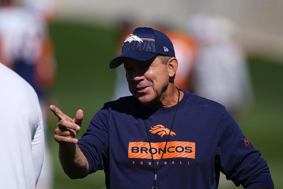 Denver Broncos coach Sean Payton participates in drills during an NFL football training camp on Monday, July 29, 2024, at the team's headquarters in Centennial, Colorado.