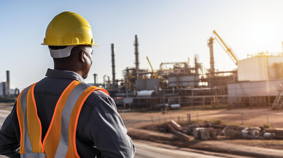 An engineer wearing protective equipment, inspecting a large construction project.