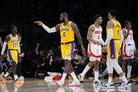 Los Angeles Lakers' LeBron James (6) reacts to a foul call on the Houston Rockets during the second half of an NBA basketball game Monday, Jan. 16, 2023, in Los Angeles. The Lakers won 140-132. (AP Photo/Jae C. Hong)