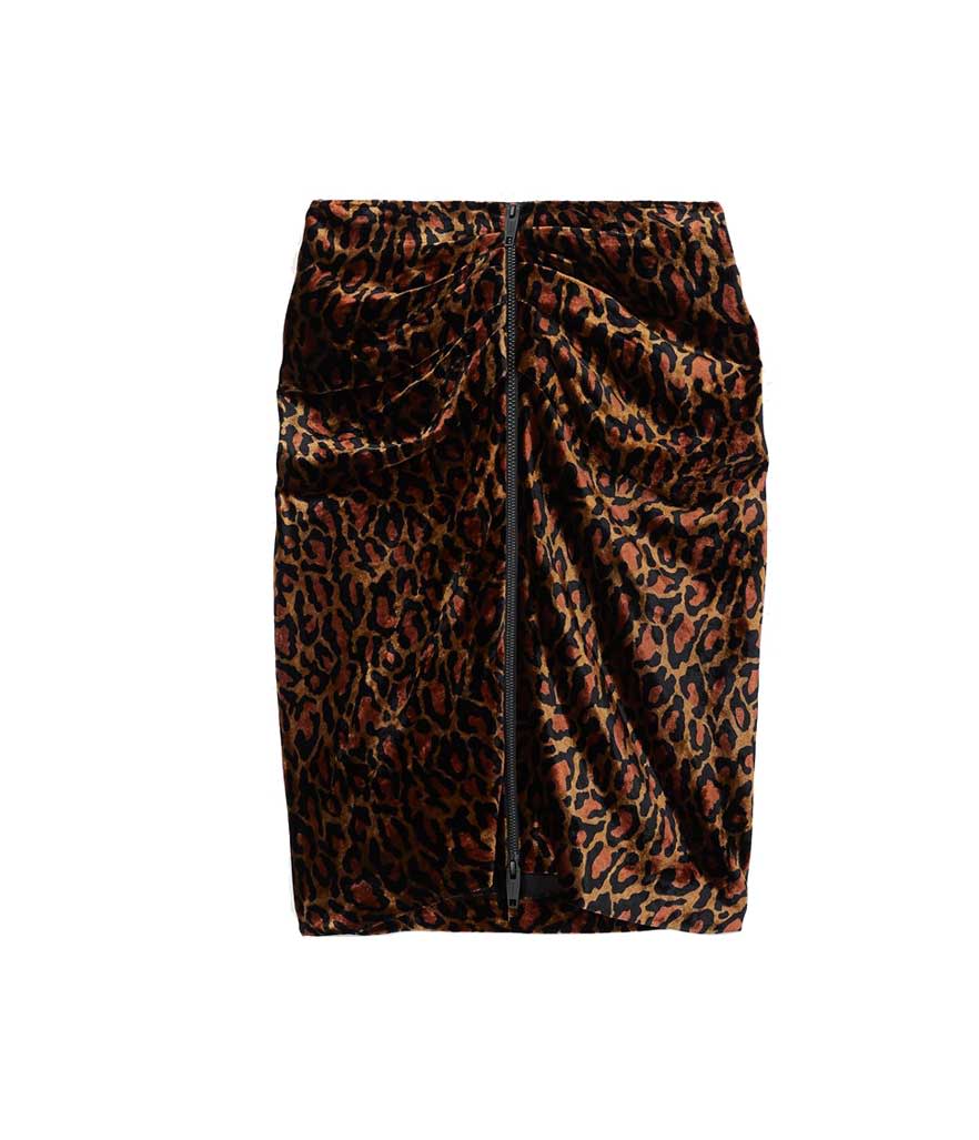 <p>Brown Velvet Skirt With Leopard Print, $240, <a rel="noopener" href="https://fave.co/2N7PHq2" target="_blank" data-ylk="slk:thekooples.com;elm:context_link;itc:0;sec:content-canvas" class="link ">thekooples.com</a> </p>