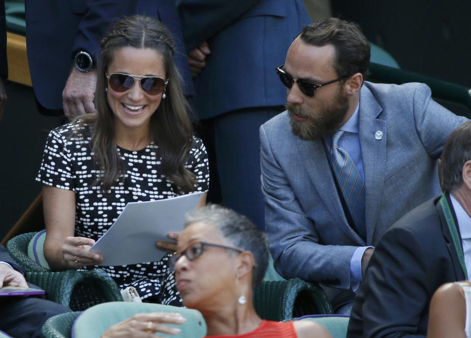 Pippa Middleton and James Middleton on Centre Court at the Wimbledon Tennis Championships in London, July 9, 2015. REUTERS/Stefan Wermuth