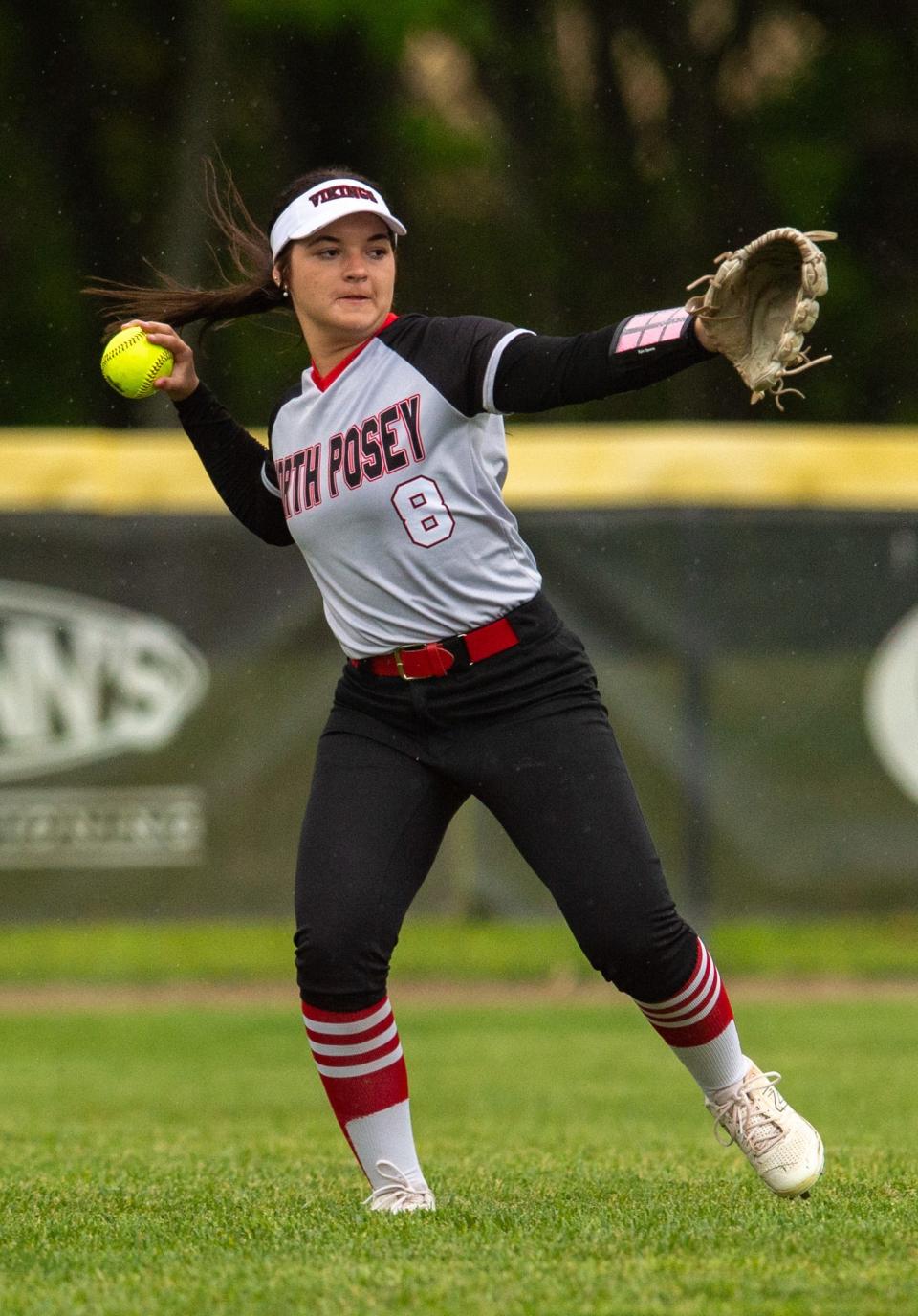 North Posey’s Morgan LaVanchy (8) aims the ball from the outfield as the Vikings play the Mater Dei Wildcats at North Posey High School in Poseyville, Ind., Thursday afternoon, April 27, 2023.