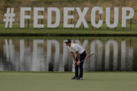 Viktor Hovland of Norway, lines up a putt on the 14th hole during the second round of the World Golf Championship-FedEx St. Jude Invitational Friday, July 31, 2020, in Memphis, Tenn. (AP Photo/Mark Humphrey)