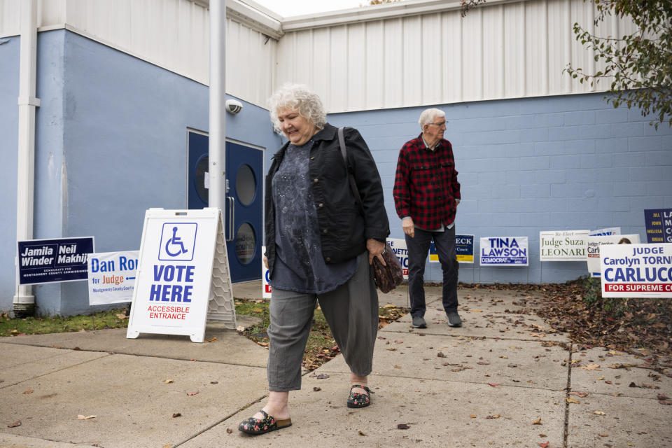 Voters exit the Wissahickon Valley Public Library on Election Day in Blue Bell, Pa. on Tuesday, Nov. 7, 2023. (AP Photo/Joe Lamberti)