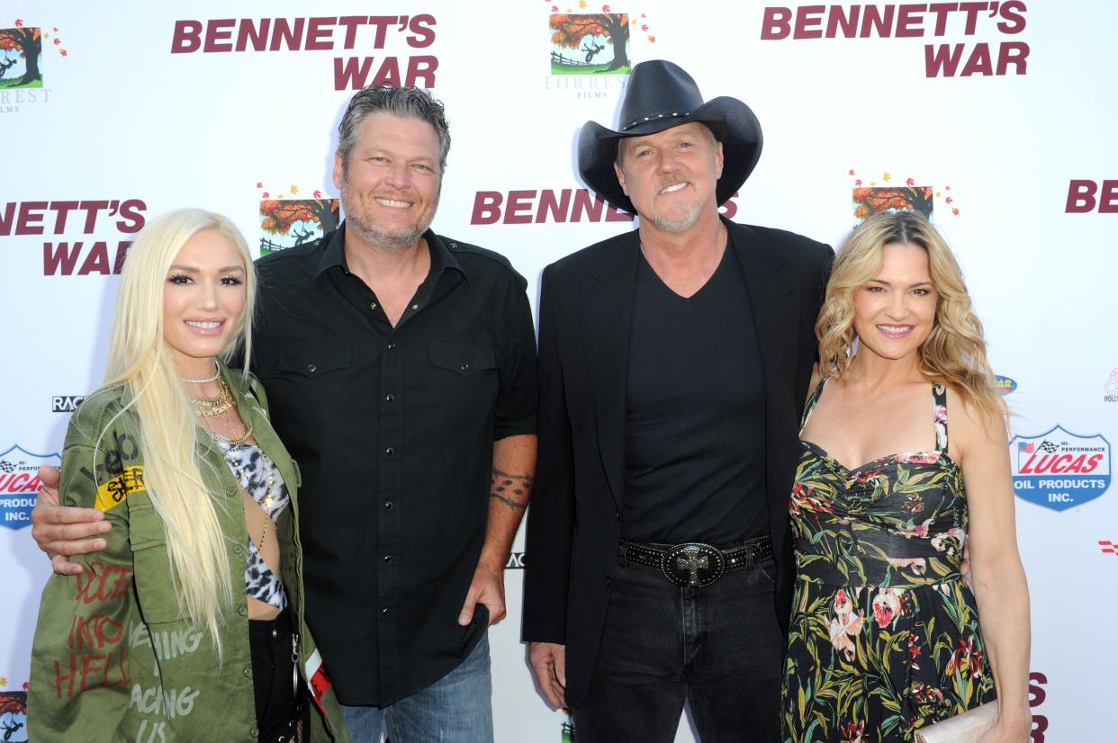 Gwen Stefani (from left), Blake Shelton, Trace Adkins and Victoria Pratt attend the Los Angeles premiere of 