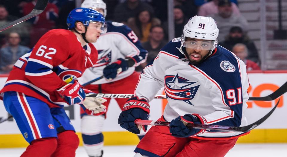 Anthony Duclair (91) on ice for Columbus Blue Jackets vs Montreal Canadiens (Photo by Vincent Ethier/Icon Sportswire)