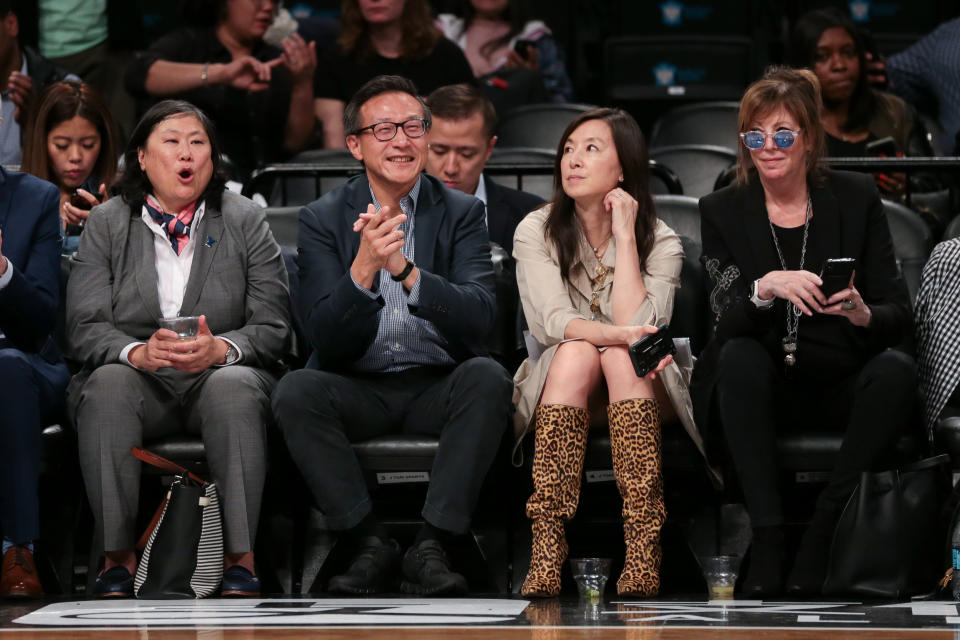 May 9, 2019; New York City, NY, USA; Taiwanese businessman Joe Tsai cheers during the second half of the preseason WNBA game between the New York Liberty and the China National Team at Barclays Center.  Mandatory Credit: Vincent Carchietta-USA TODAY Sports