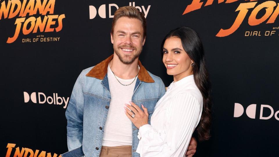 PHOTO: Derek Hough and Hayley Erbert attends the Indiana Jones and the Dial of Destiny U.S. Premiere at the Dolby Theatre in Hollywood, Calif., June 14, 2023.  (Jesse Grant/Getty Images )