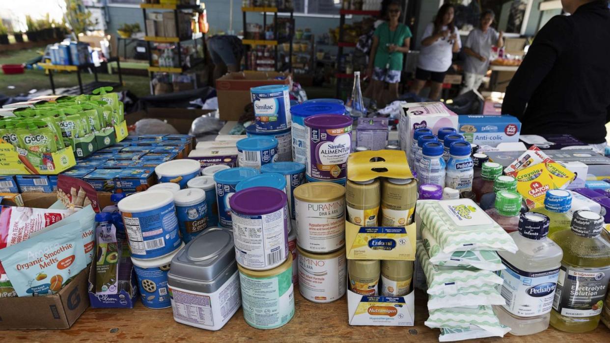 PHOTO: Baby food, formula and the hygiene items are displayed at a distribution location in a neighborhood of Lahaina, Hawaii, Aug. 13 2023. (Etienne Laurent/EPA-EFE/Shutterstock)
