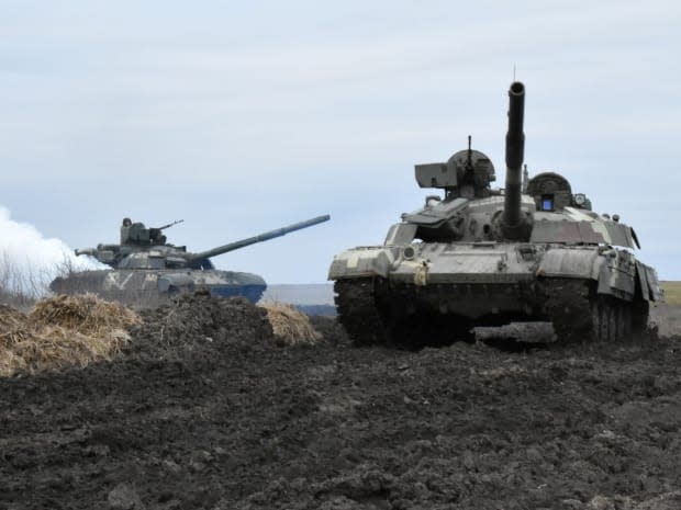 Ukrainian tanks are seen during drills at an unknown location near the border of Russian-annexed Crimea in this image released by the press service of the general staff of the Ukrainian armed forces on Wednesday. 
