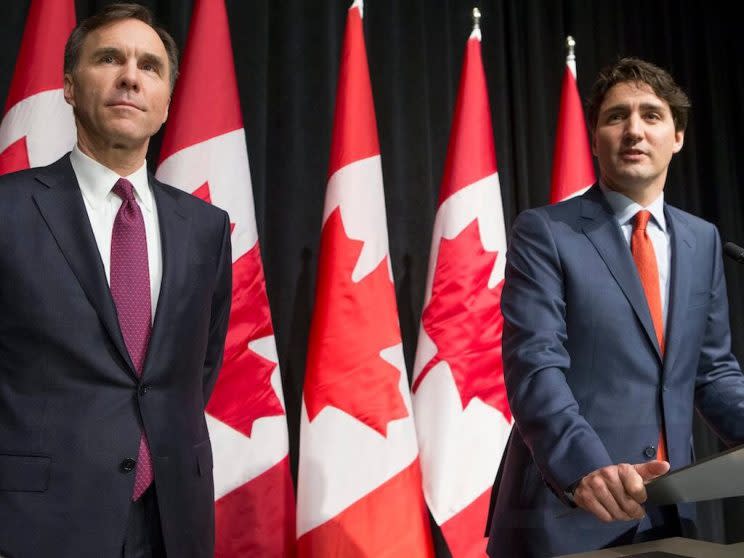 Federal Finance Minister Bill Morneau and Prime Minister Justin Trudeau unveiled the 2017 federal budget this week. Photo from Jake Wright/CP.