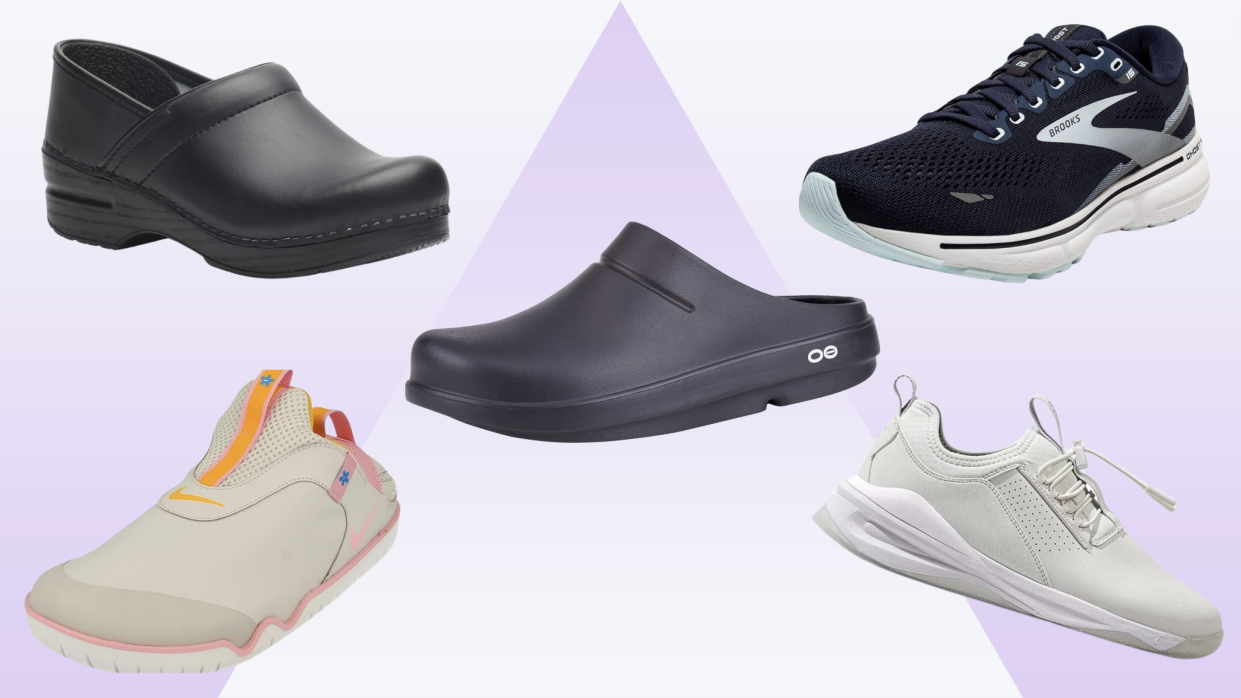 A photo collage showing five nurse-approved shoes.